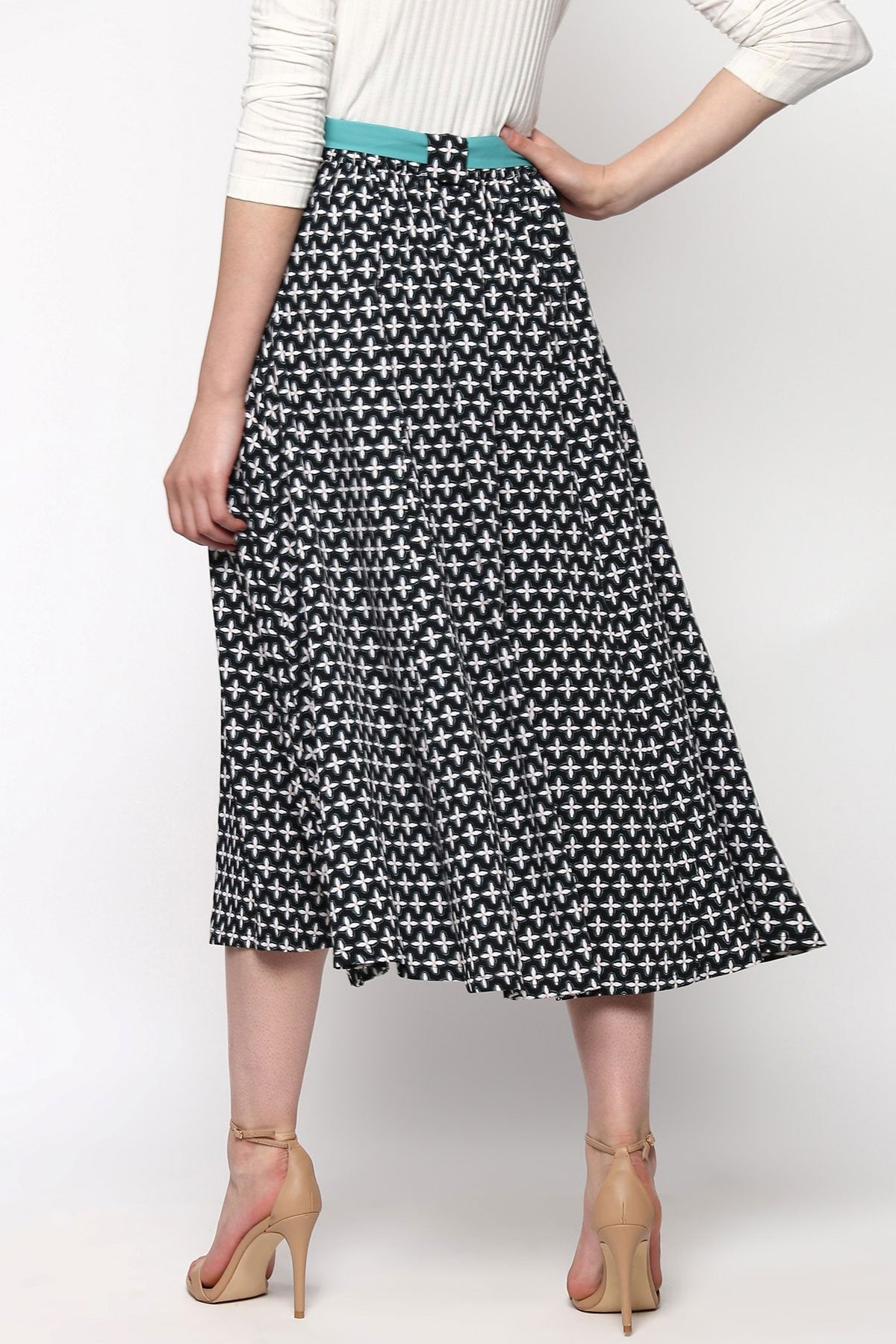 Women's Black Printed Flared Belted Midi Skirt