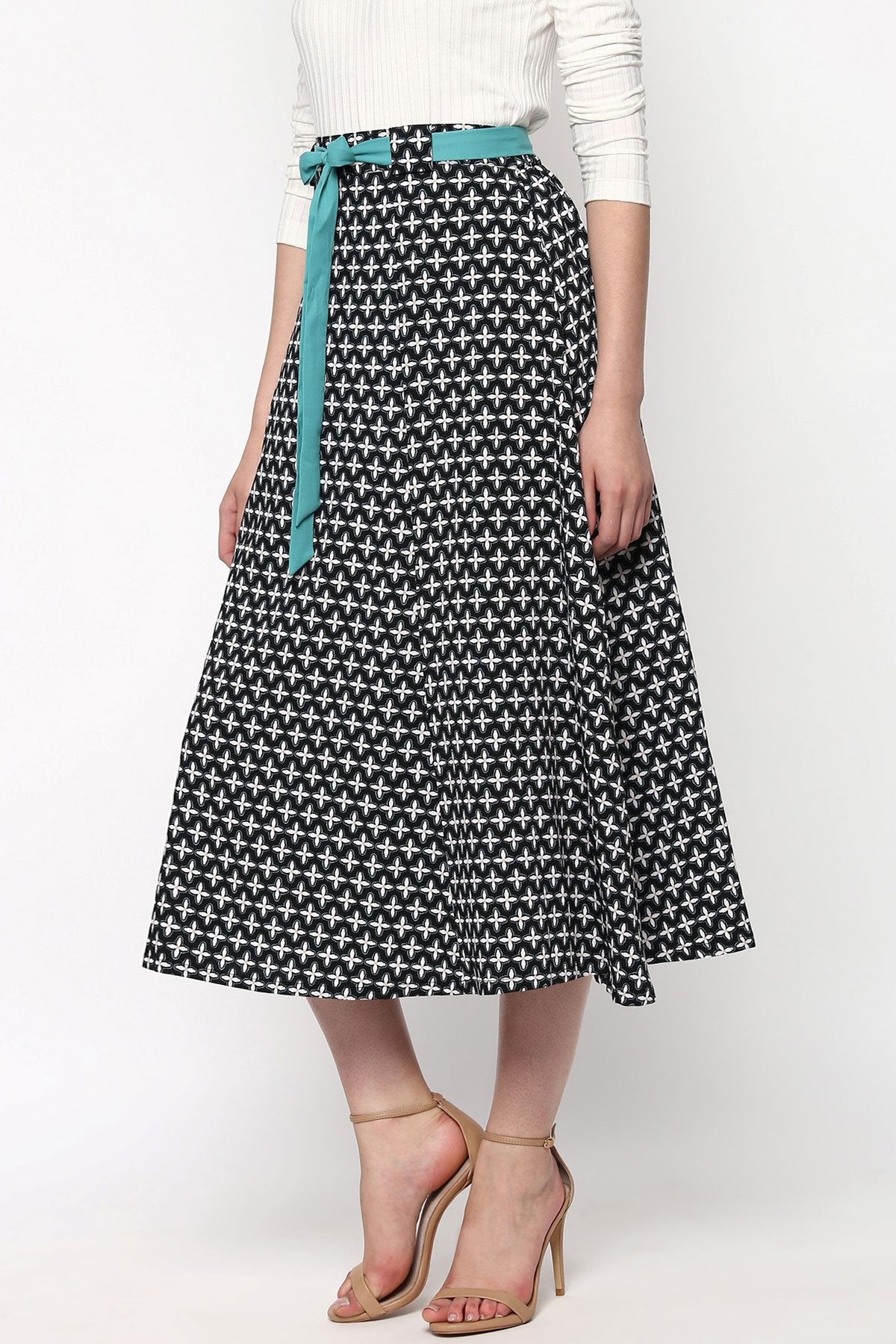 Women's Black Printed Flared Belted Midi Skirt