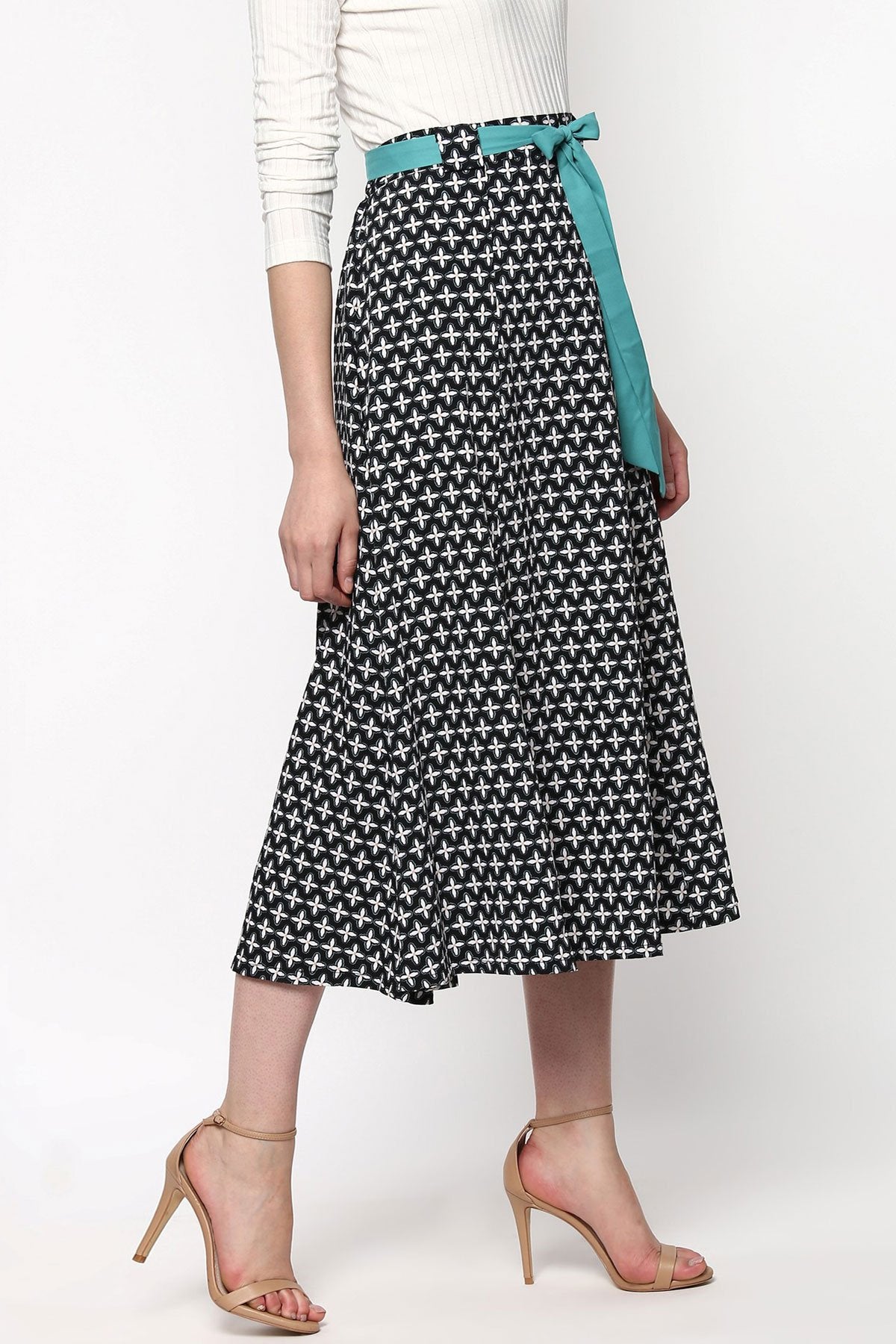 Women's Black Printed Flared Belted Midi Skirt