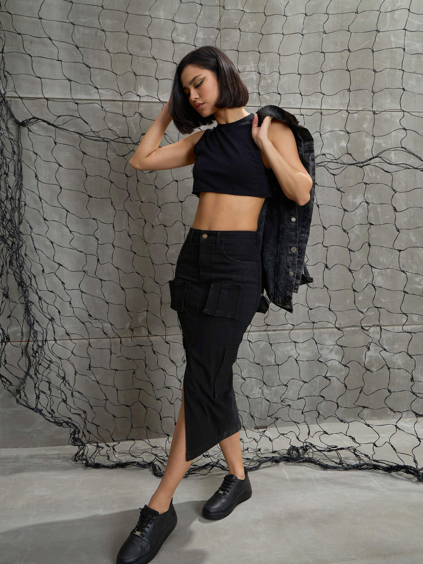 Women's Black Denim Box Pocket Midi Ski