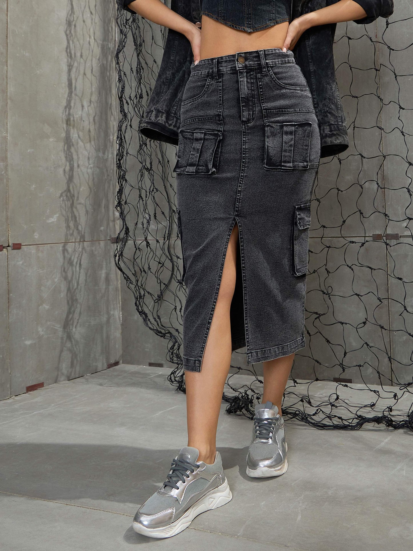 Women's Grey Washed Denim Box Pocket Midi Ski