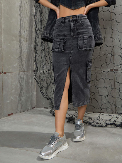 Women's Grey Washed Denim Box Pocket Midi Ski