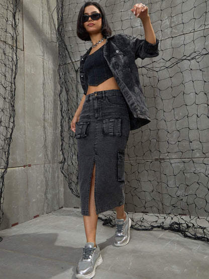 Women's Grey Washed Denim Box Pocket Midi Ski