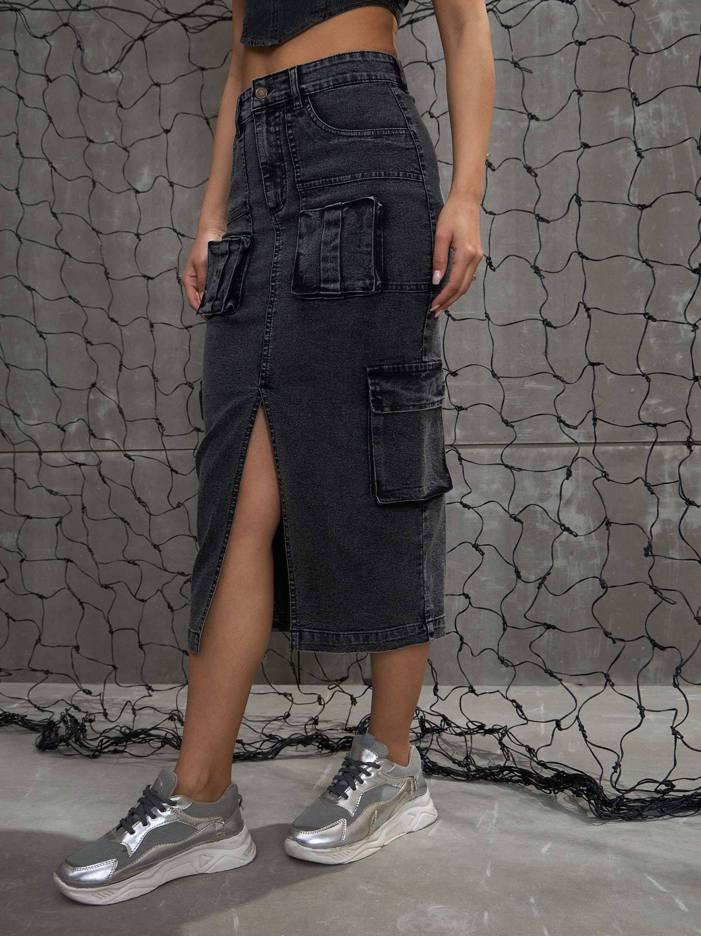 Women's Grey Washed Denim Box Pocket Midi Ski