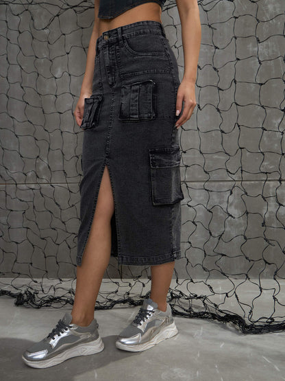 Women's Grey Washed Denim Box Pocket Midi Ski