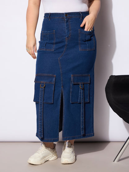 Women's Navy Denim Multi Pocket Front Slit Ski
