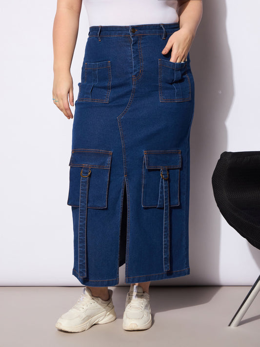 Women's Navy Denim Multi Pocket Front Slit Ski