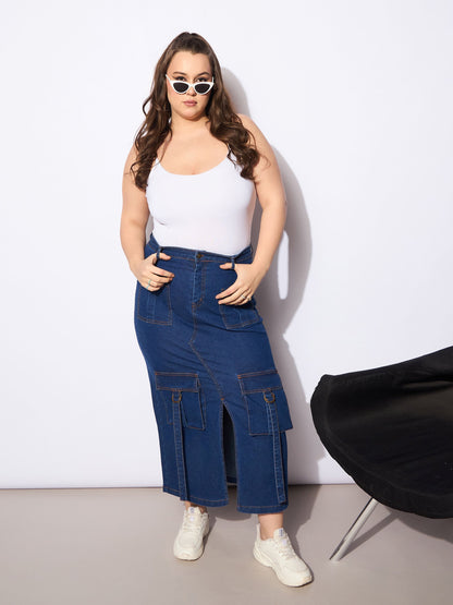 Women's Navy Denim Multi Pocket Front Slit Ski