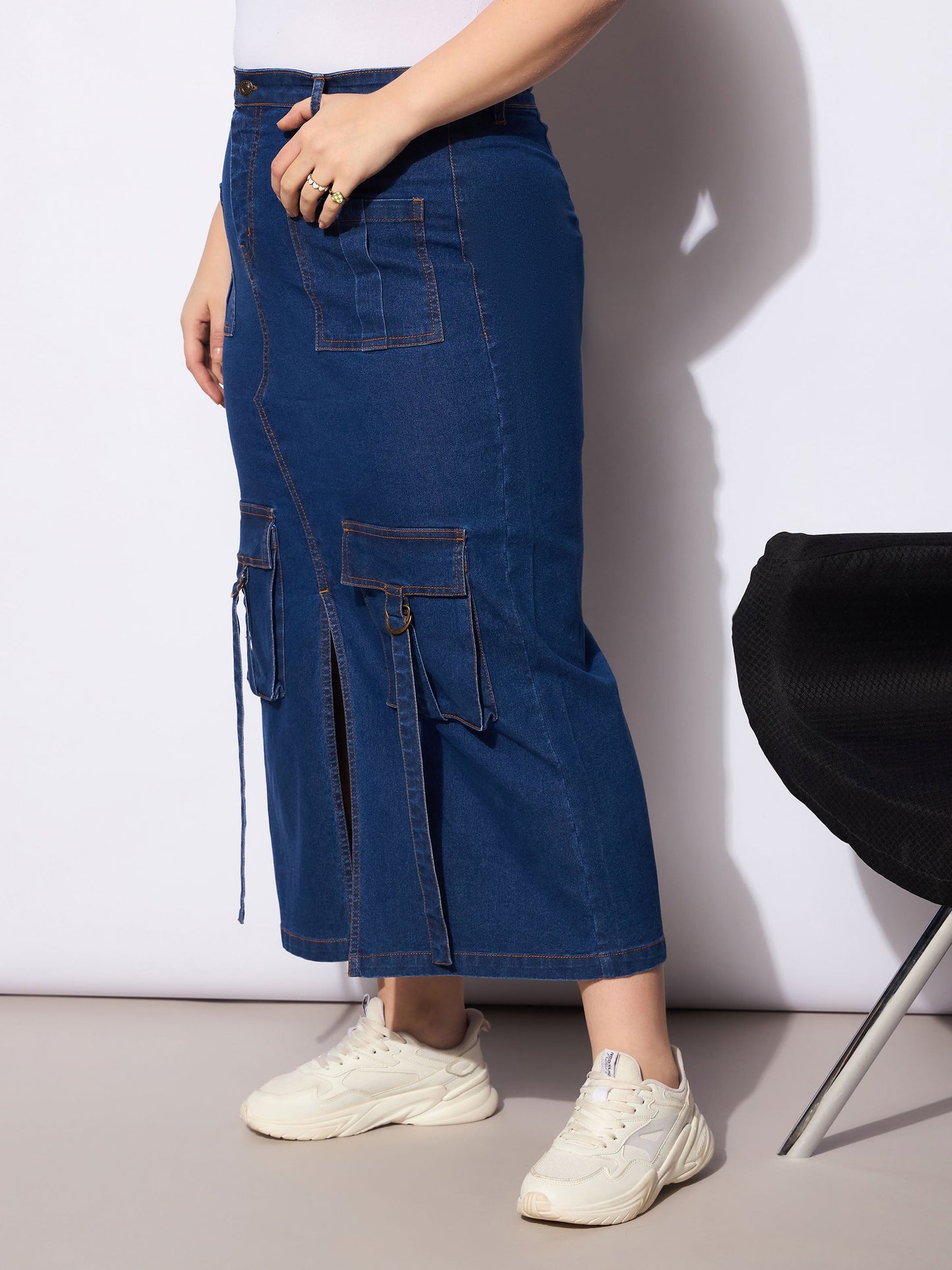 Women's Navy Denim Multi Pocket Front Slit Ski