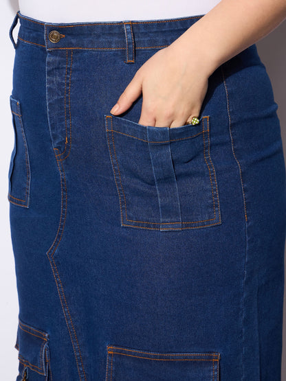 Women's Navy Denim Multi Pocket Front Slit Ski