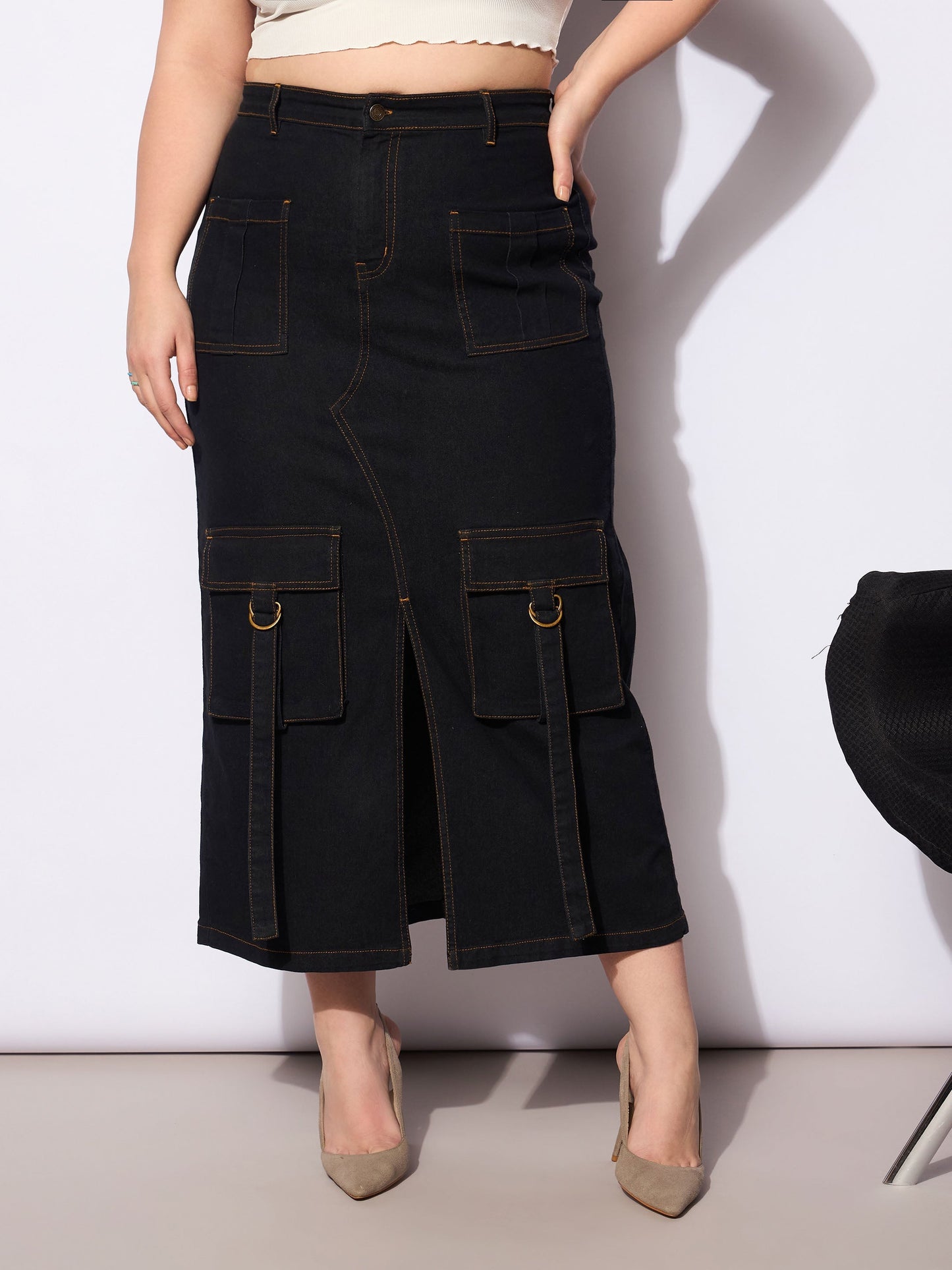 Women's Black Denim Multi Pocket Front Slit Ski