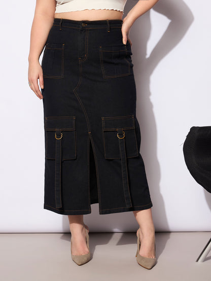 Women's Black Denim Multi Pocket Front Slit Ski