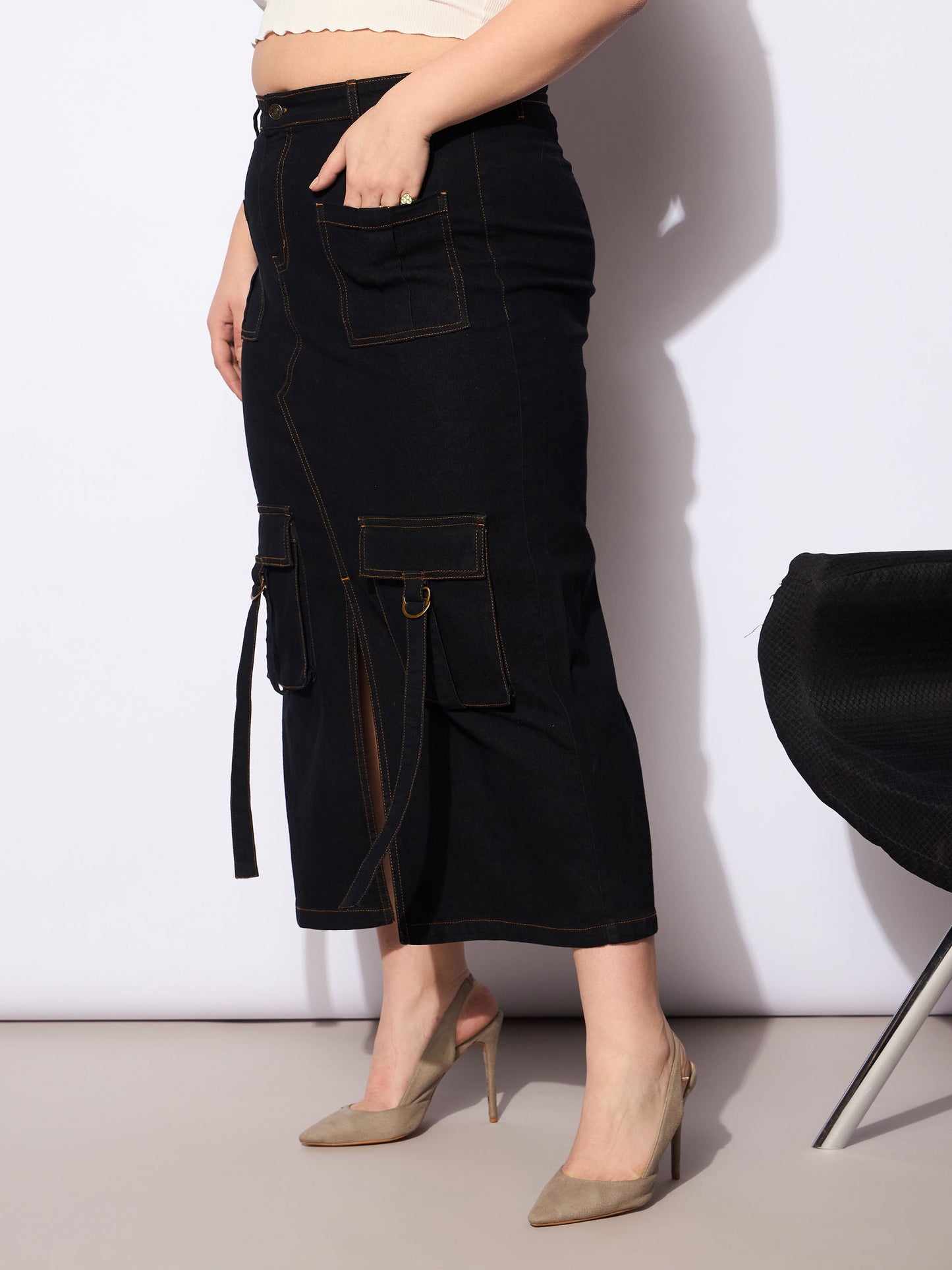 Women's Black Denim Multi Pocket Front Slit Ski