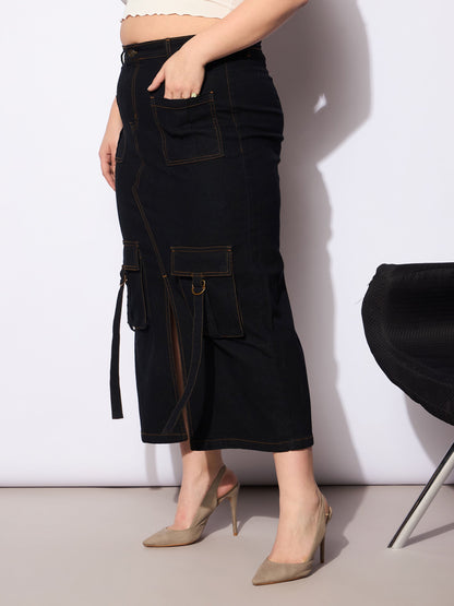 Women's Black Denim Multi Pocket Front Slit Ski