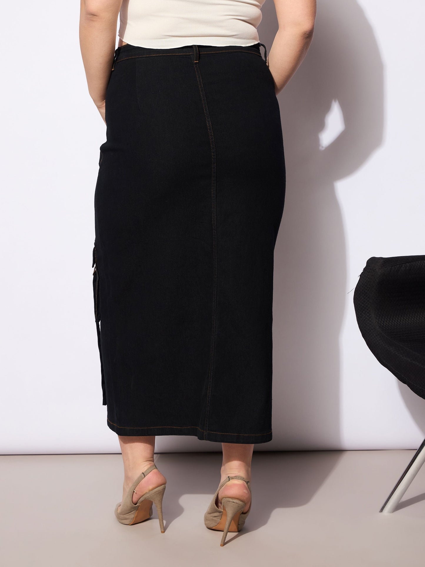 Women's Black Denim Multi Pocket Front Slit Ski