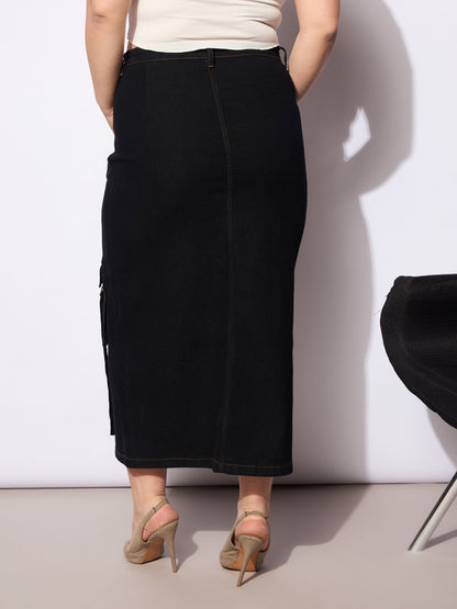 Women's Black Denim Multi Pocket Front Slit Ski