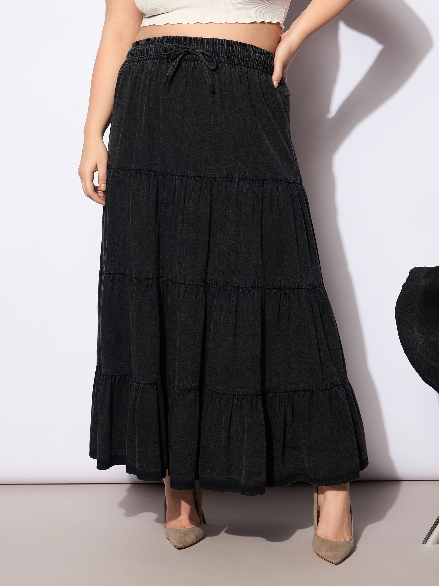 Women's Black Tencel Front Drawstring Tired Ski