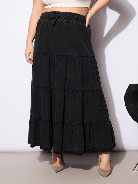 Women's Black Tencel Front Drawstring Tired Ski