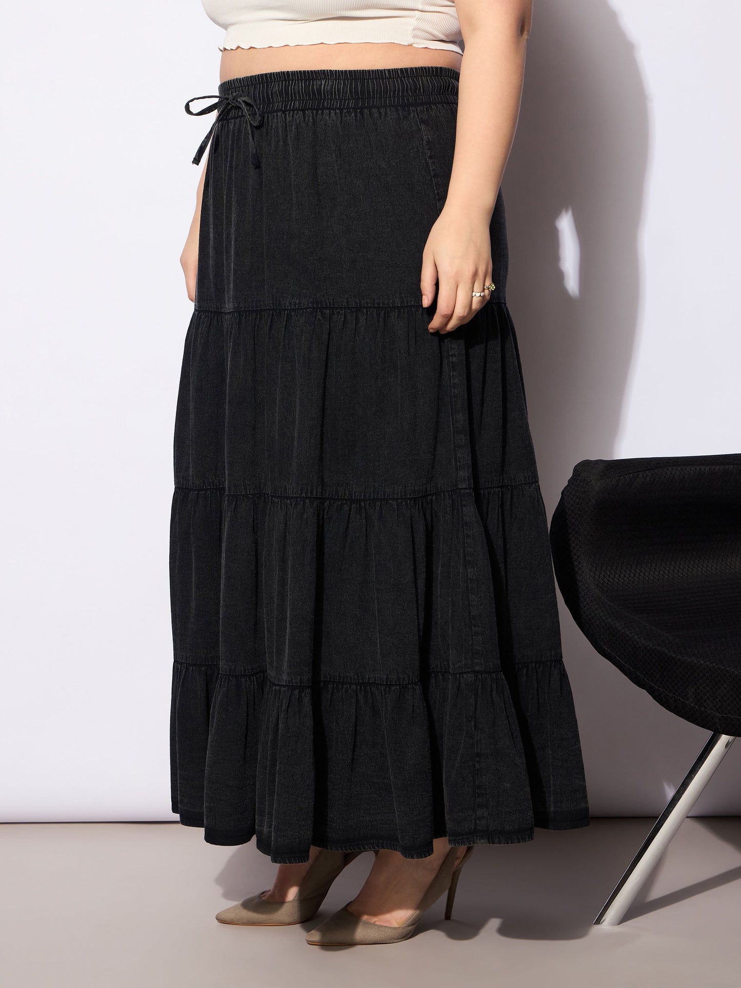 Women's Black Tencel Front Drawstring Tired Ski
