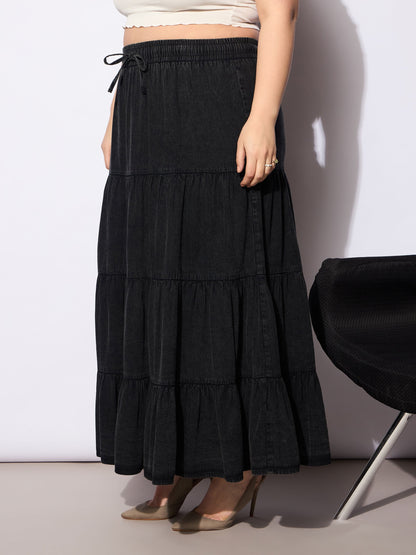 Women's Black Tencel Front Drawstring Tired Ski