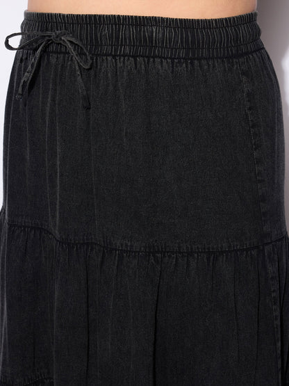 Women's Black Tencel Front Drawstring Tired Ski