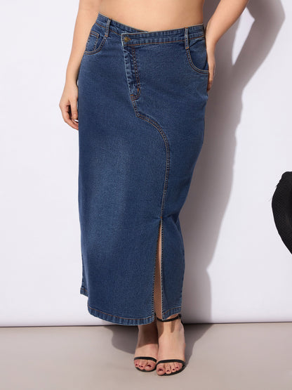 Women's Navy Wash Denim Side Slit Ski