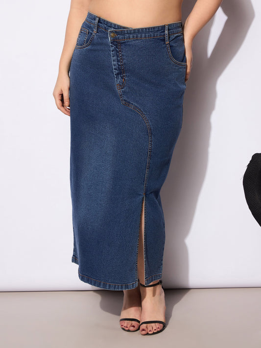 Women's Navy Wash Denim Side Slit Ski