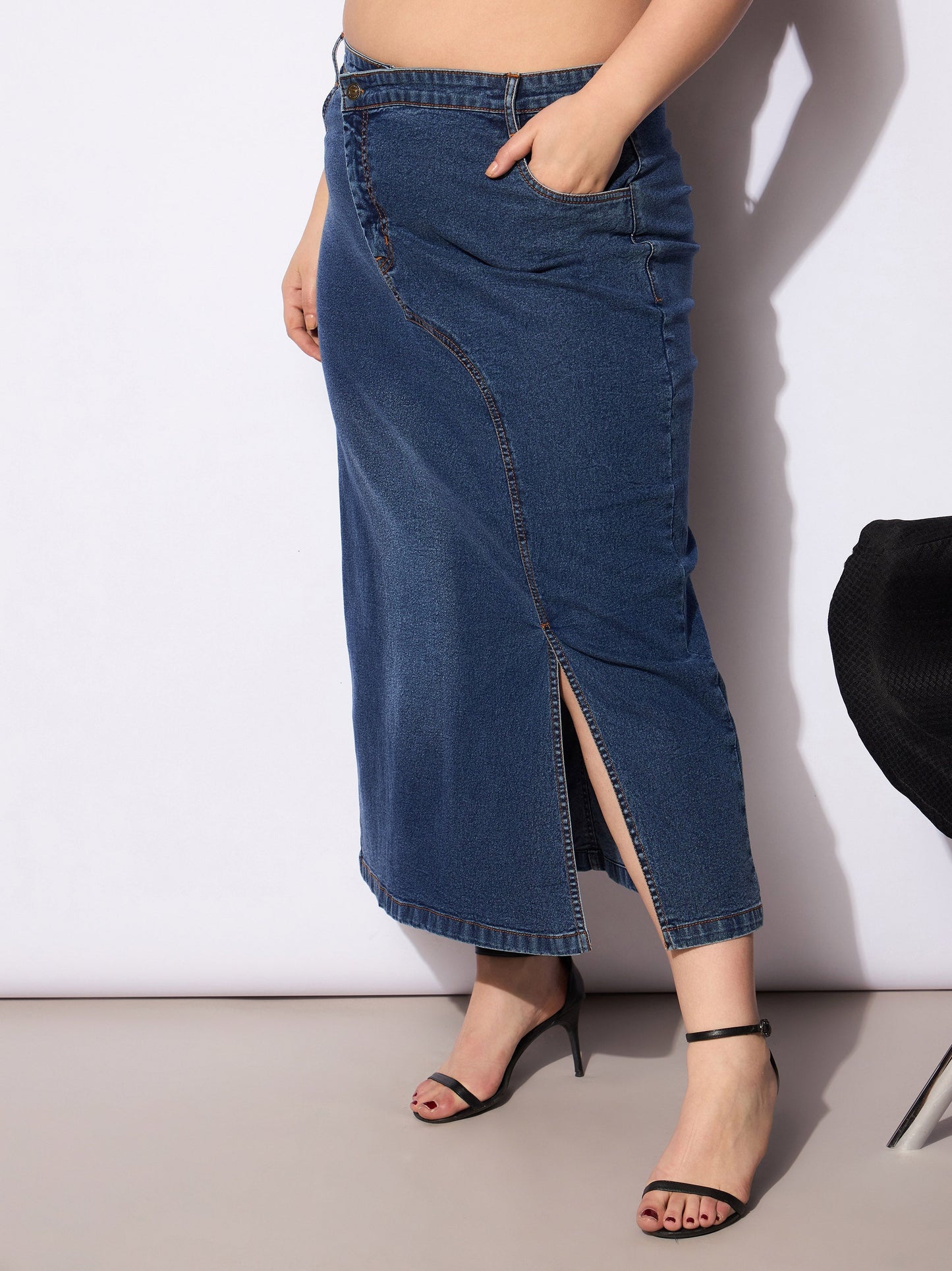 Women's Navy Wash Denim Side Slit Ski