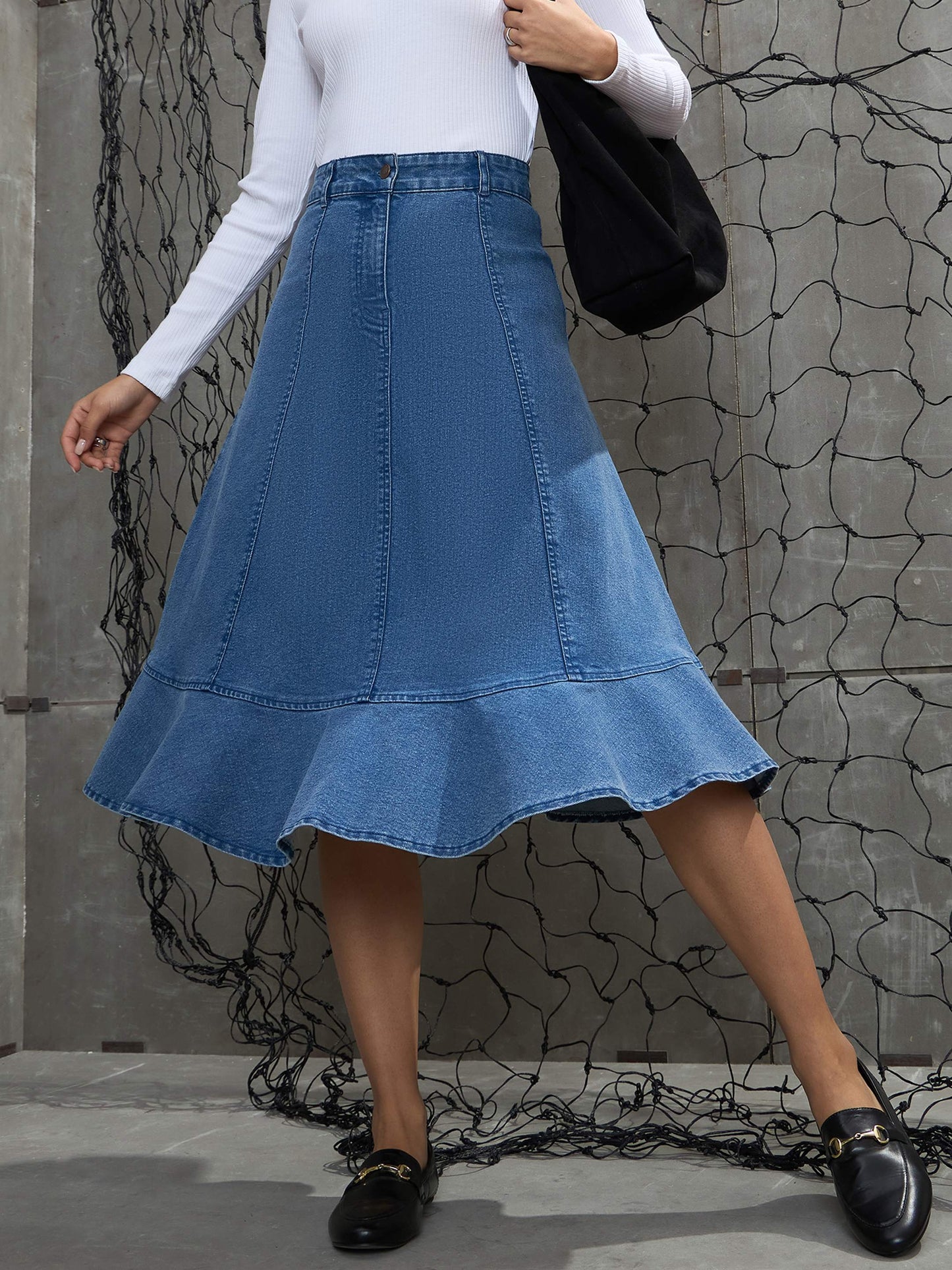 Women's Blue Washed Denim Flared Hem Ski
