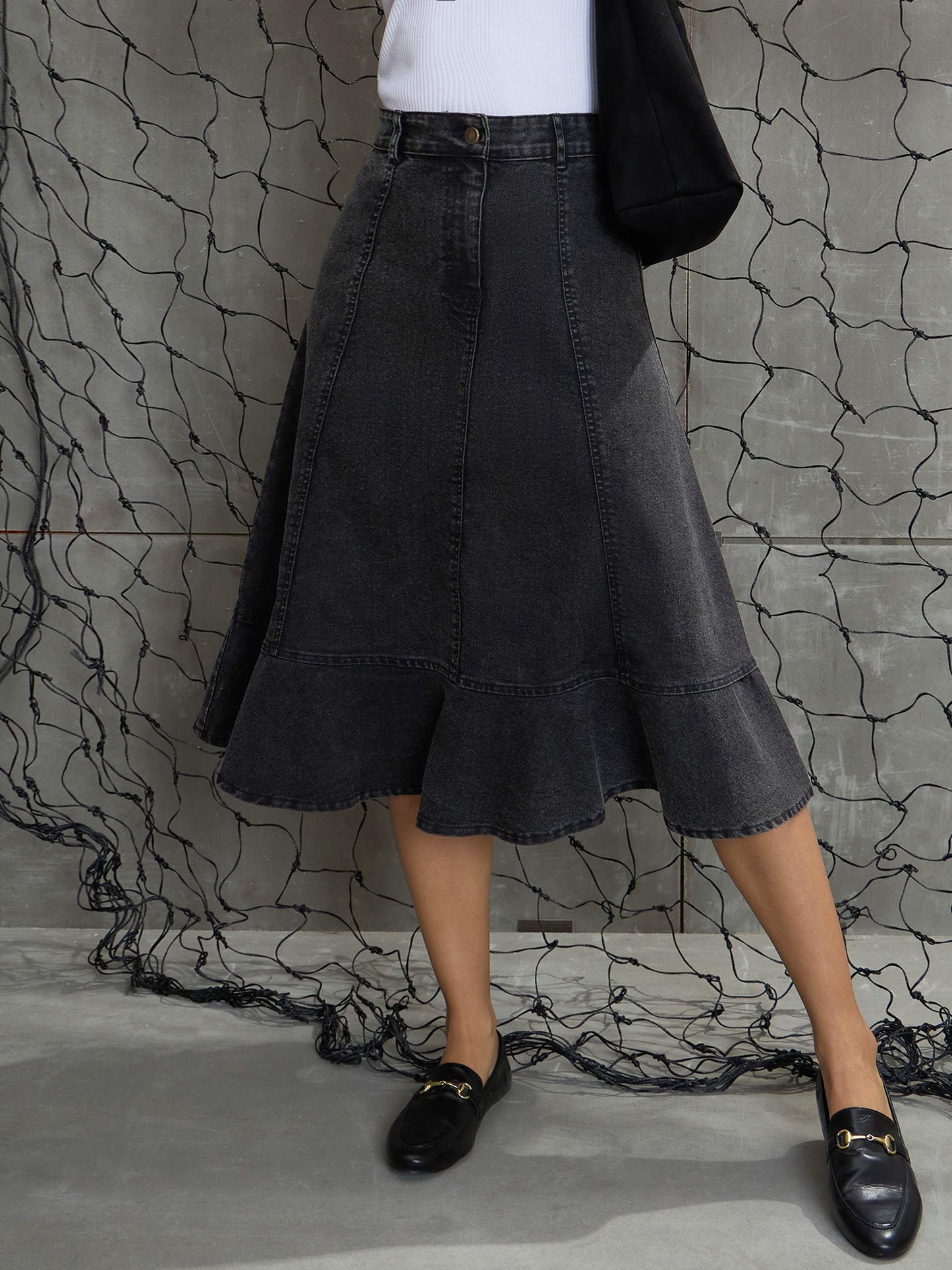 Women's Black Washed Denim Flared Hem Ski
