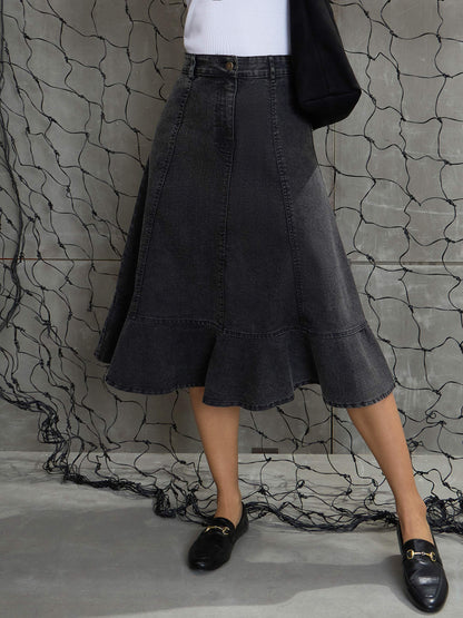 Women's Black Washed Denim Flared Hem Ski