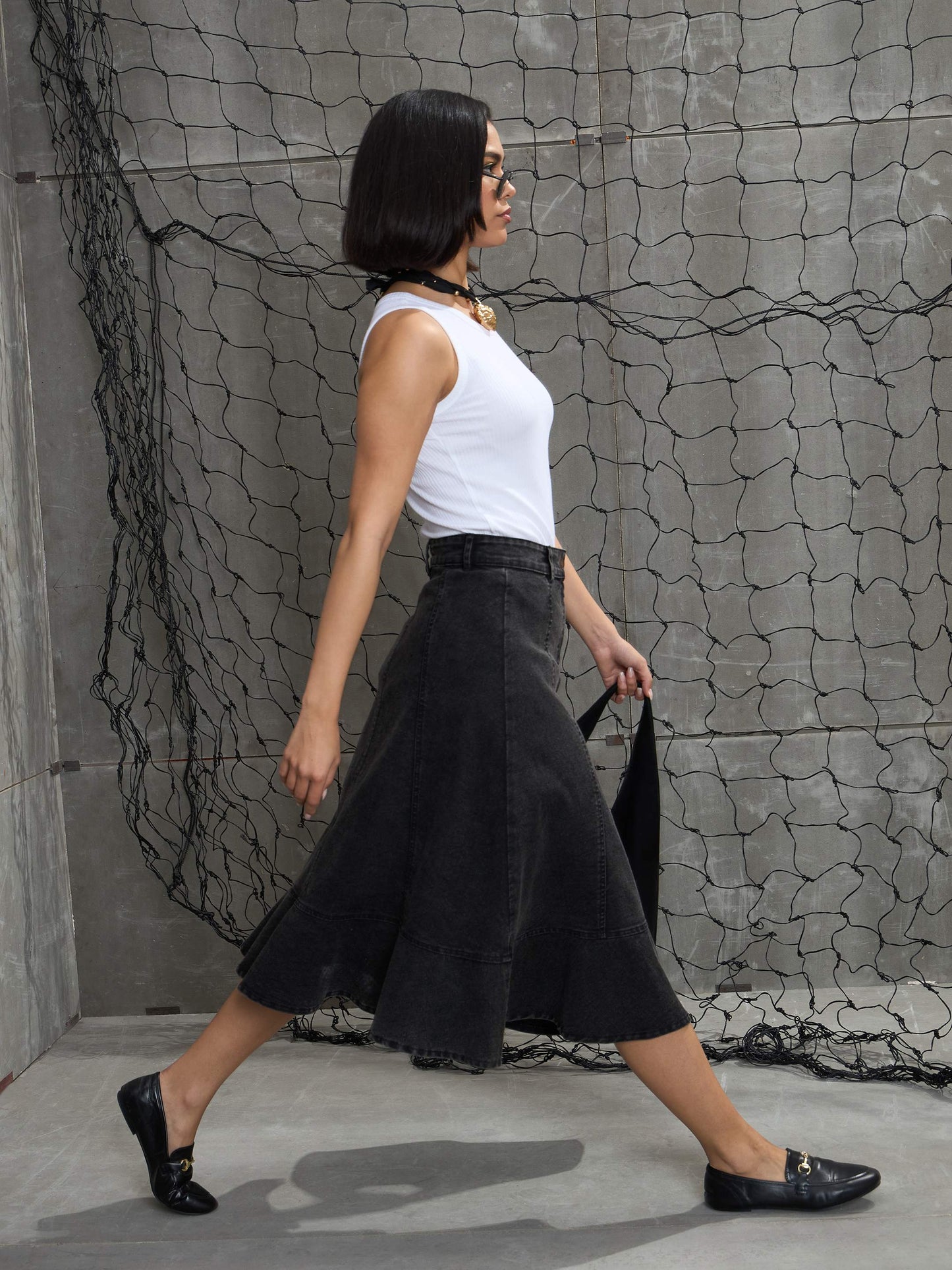Women's Black Washed Denim Flared Hem Ski