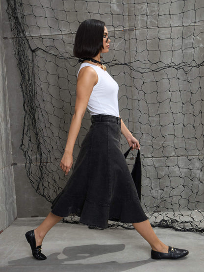 Women's Black Washed Denim Flared Hem Ski