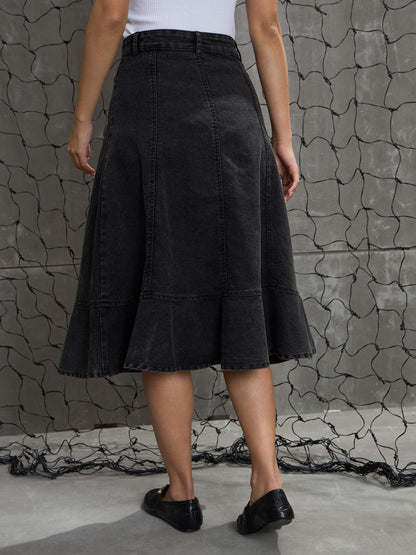 Women's Black Washed Denim Flared Hem Ski