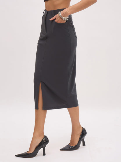 Women's Dark Grey Front Slit Midi Skirt