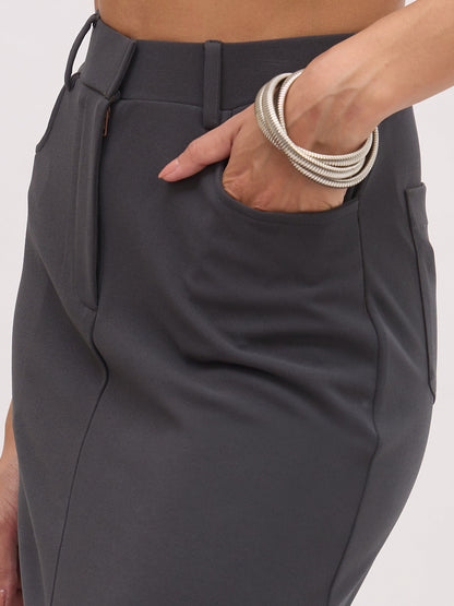 Women's Dark Grey Front Slit Midi Skirt