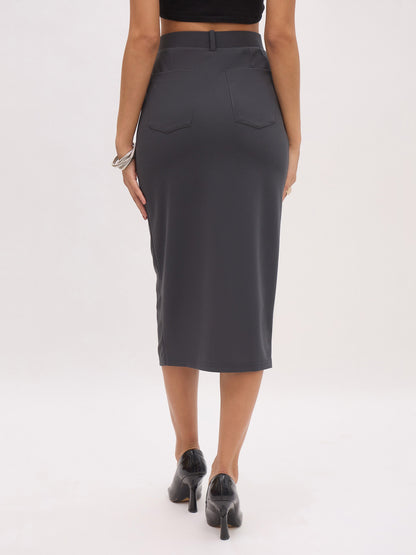 Women's Dark Grey Front Slit Midi Skirt