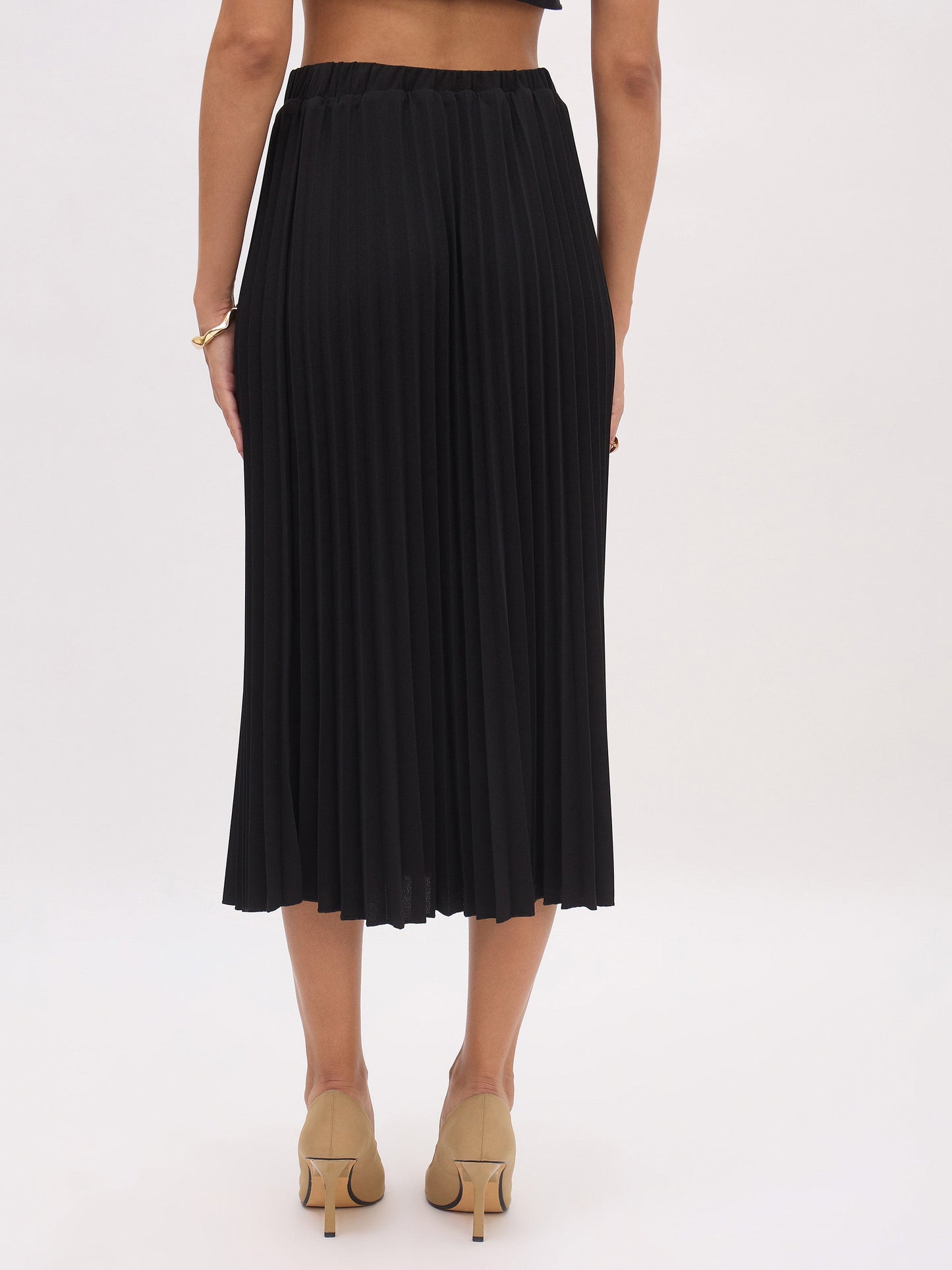 Women's Black Elasticated Waist Pleated Midi Skirt