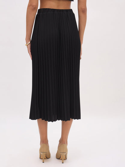 Women's Black Elasticated Waist Pleated Midi Skirt