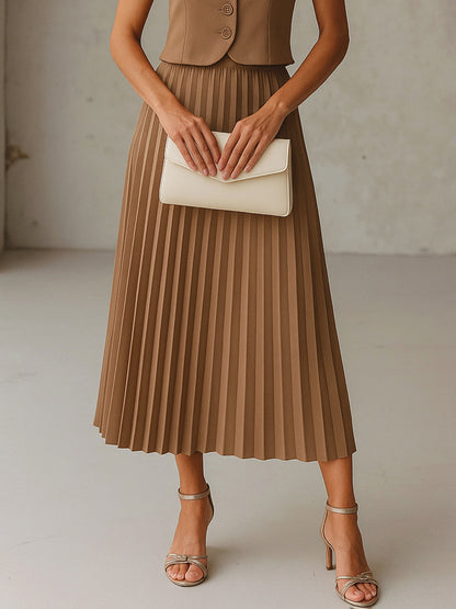 Women's Dark Beige Elasticated Waist Pleated Midi Skirt