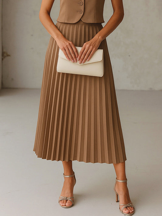 Women's Dark Beige Elasticated Waist Pleated Midi Skirt
