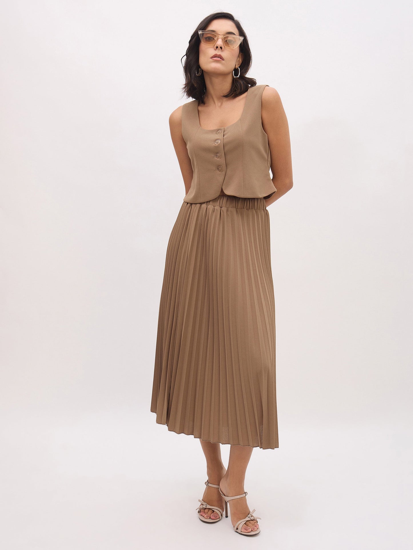 Women's Dark Beige Elasticated Waist Pleated Midi Skirt