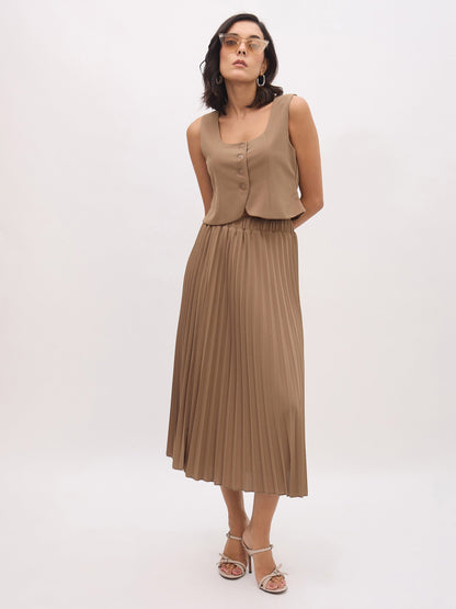 Women's Dark Beige Elasticated Waist Pleated Midi Skirt