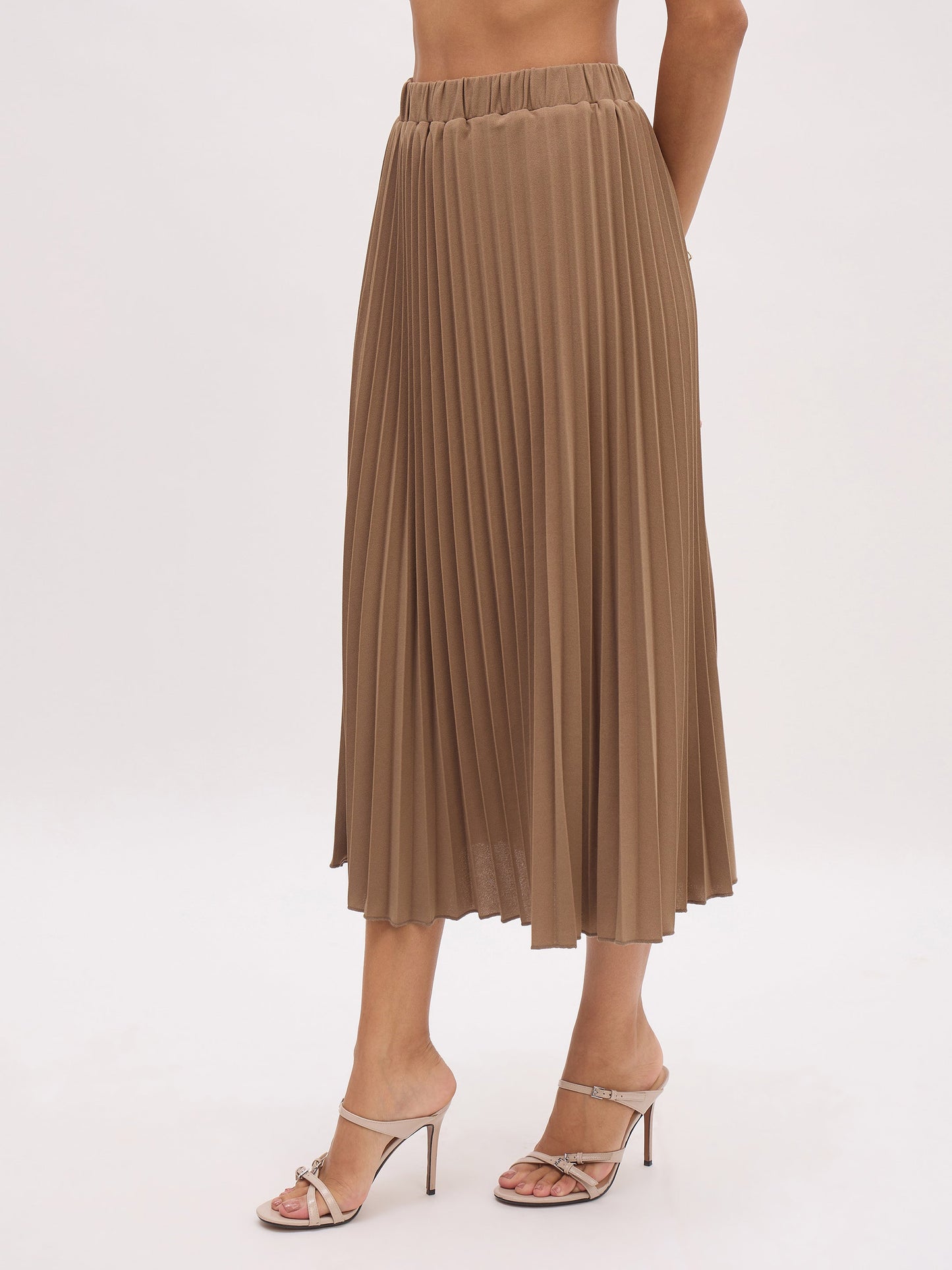Women's Dark Beige Elasticated Waist Pleated Midi Skirt