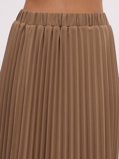 Women's Dark Beige Elasticated Waist Pleated Midi Skirt