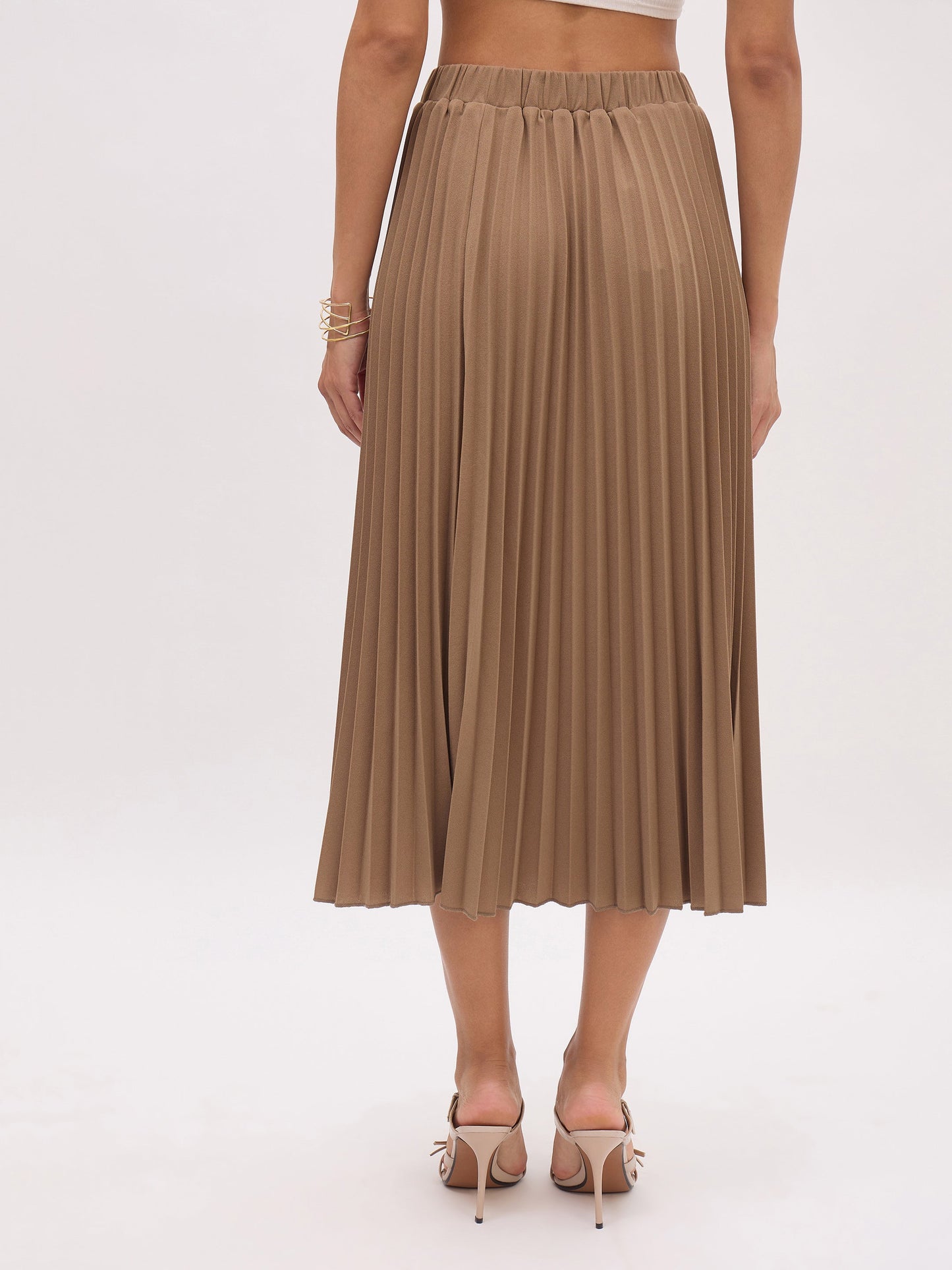 Women's Dark Beige Elasticated Waist Pleated Midi Skirt