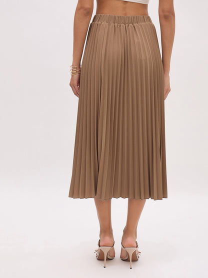 Women's Dark Beige Elasticated Waist Pleated Midi Skirt