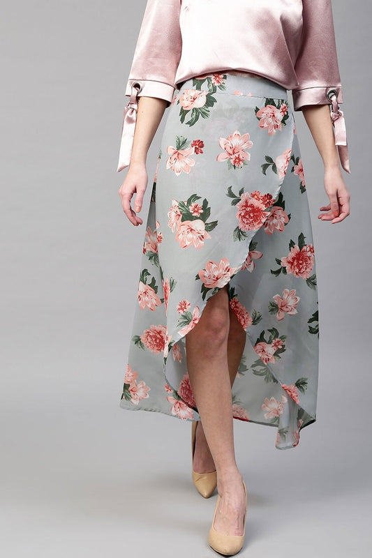 Women's Blue Floral Wrap High Low Skirt
