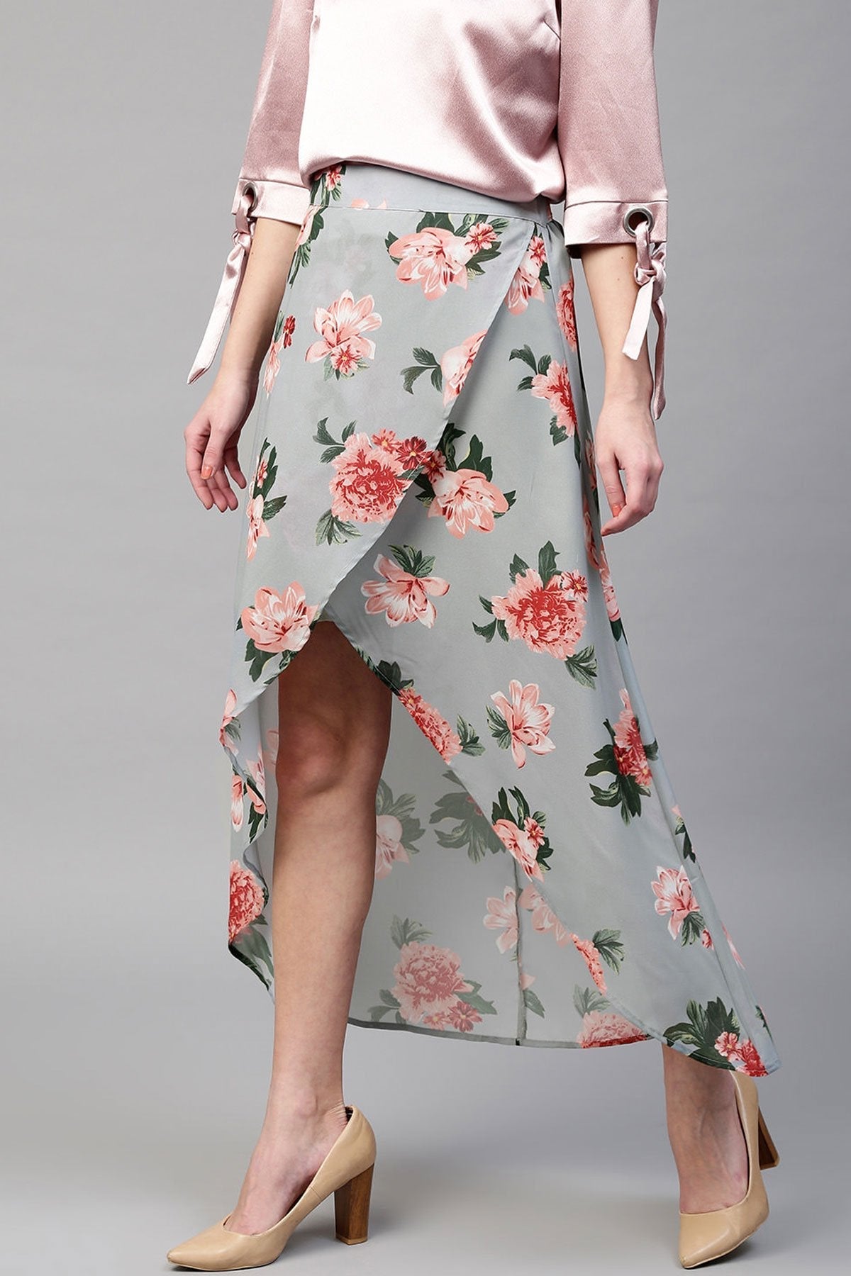 Women's Blue Floral Wrap High Low Skirt