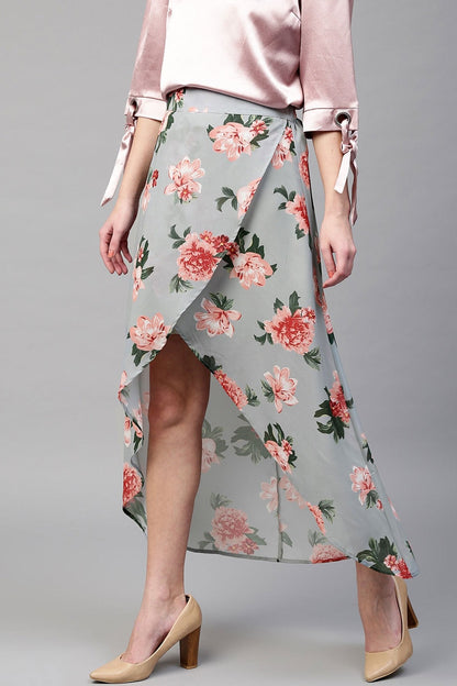 Women's Blue Floral Wrap High Low Skirt